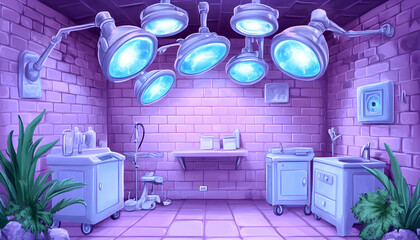 Sterile operating room, medical equipment, brick walls, plants, game background