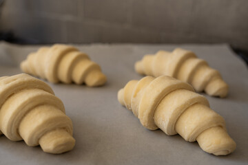 Display unbaked croissants with an application images of breakfast, brunch concepts. Showcase food preparation, bakery process. © Ann