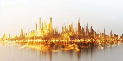 Fototapeta premium vibrant city skyline with golden hues reflecting off water, showcasing modern architecture and futuristic atmosphere