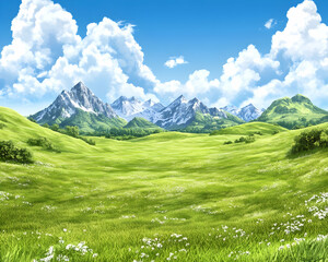 Obraz premium Sunny Alpine meadow, snow-capped mountains, idyllic landscape, travel poster