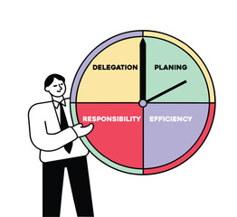 business man with pie chart routine, , efficiency, productivity to finish work, delegation, finish tasks, prioritize responsibility, manage schedule, planning concept
