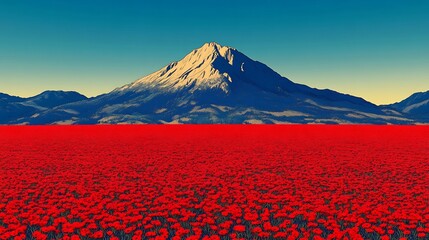 Majestic snowcapped mountain dramatically overlooks vibrant red field at sunrise. AI Generated
