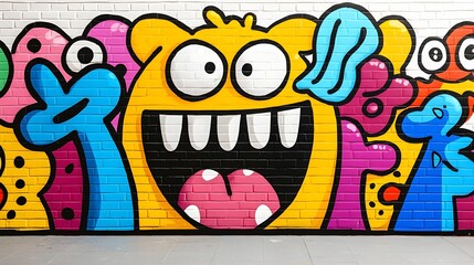 Colorful Cartoon Monster Mural with Bold Expressions on Brick Wall