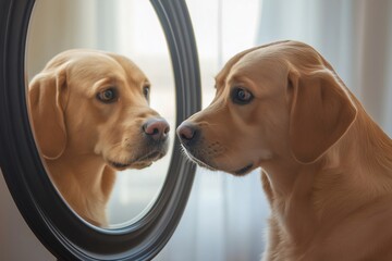 Golden Labrador retriever observing its reflection in an oval mirror, showing curiosity and exploring self awareness