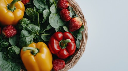 Vibrant Basket of Fresh Produce: Sweet Strawberries, Colorful Bell Peppers, and Lush Spinach