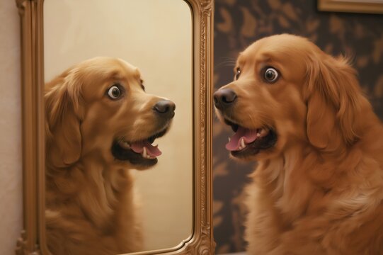 Golden retriever dog looking surprised at its reflection in a mirror placed in a home environment