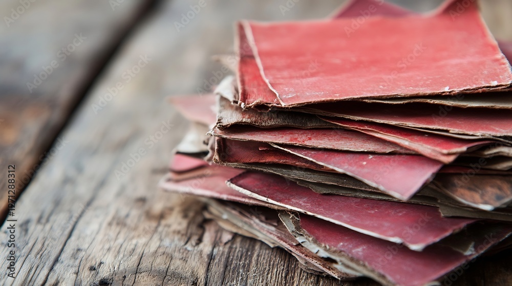 Poster stacked pieces of worn red cardboard on a wooden surface highlighting vintage and rustic aesthetics 