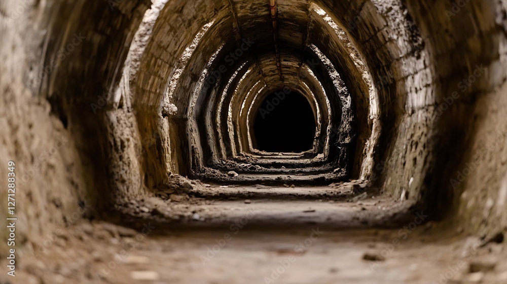 Poster mysterious perspective of an old stone tunnel leading into darkness evoking feelings of intrigue : g