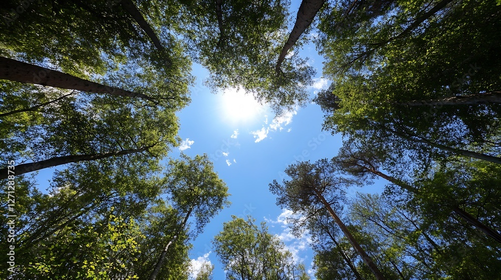 Poster Captivating view of a sunlit sky peering through lush green treetops in a tranquil forest setting : Generative AI