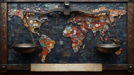 Global Balance Mosaic Art Richly Textured Warm Lighting. AI Generated
