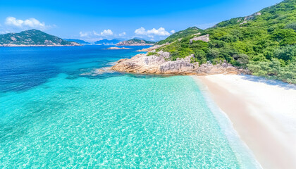 Fototapeta premium Tropical beach, clear water, island view, sunny day, travel