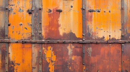 Corrosion-streaked iron sheet background with orange and brown oxidation marks and distressed steel tones.