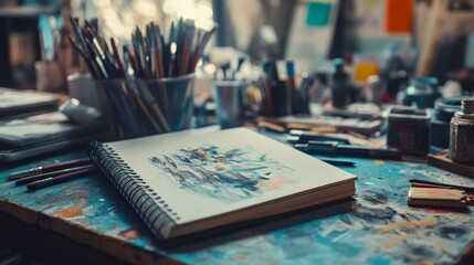 A vibrant workspace filled with art supplies surrounds a sketchbook with a colorful abstract piece, highlighting creative chaos and artistic exploration.