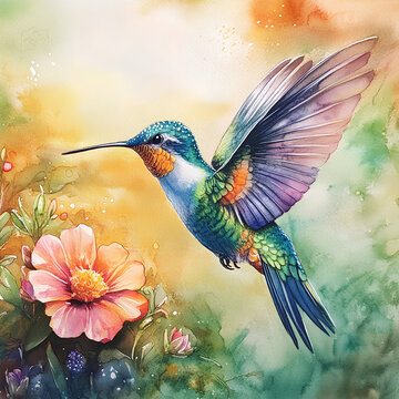 Watercolor illustration of a lively hummingbird hovering near a flower with delicate brushstrokes and vibrant colors  
