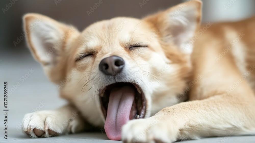 Poster cute dog lying on the floor yawning with eyes closed showing a relaxed and sleepy expression : gener