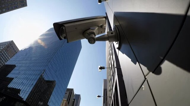Surveillance camera monitoring pedestrians and traffic on a busy city street with modern skyscrapers, promoting safety and security in urban environments