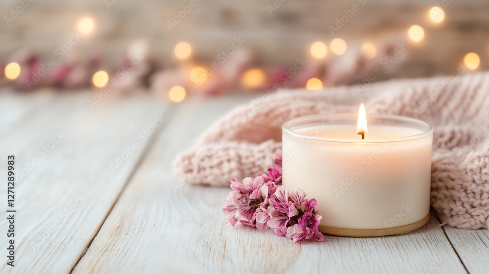 Aufkleber Tranquil and Cozy Candle Decor with Soft Textiles and Delicate Flowers in a Relaxing Setting : Generative AI