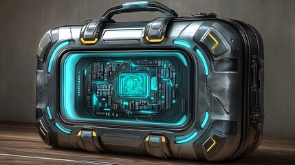 Futuristic metallic briefcase glows mysteriously dark wood surface teal light accents. AI Generated