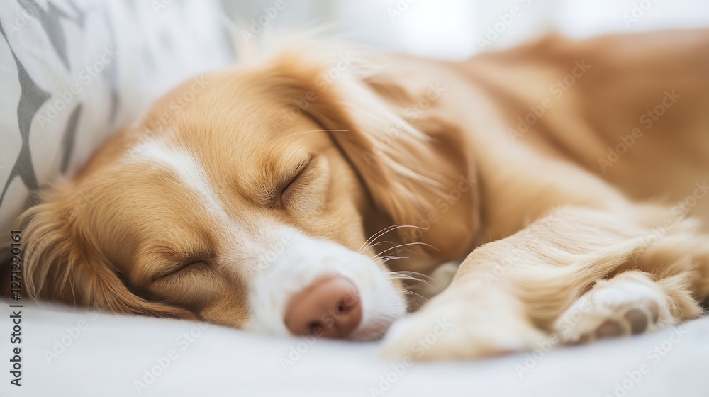 Poster golden retriever sleeping comfortably on soft bedding in a peaceful indoor setting : generative ai