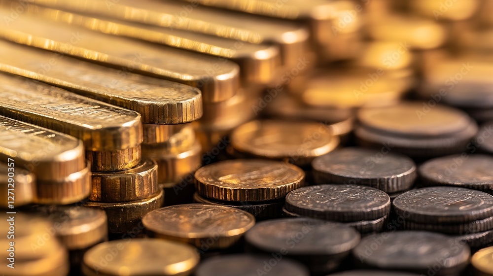 Poster assorted gold bars and coins overlapping creating a textured background rich in currency symbolism :