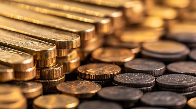Assorted gold bars and coins overlapping creating a textured background rich in currency symbolism : Generative AI