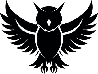 Obraz premium Minimalistic Black Silhouette Vector Illustration of an Owl Spreading Its Wings, Majestic Night Hunter, Bird of Prey, Silent Flight, Winged Beauty, Nature, and Mysterious Wildlife Art.