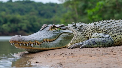 Obraz premium Spectacular Green Crocodile Basking by the Riverbank