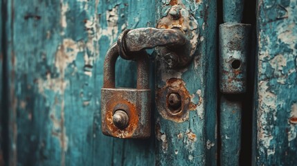 A corroded padlock on a peeling teal door shows age and weathering, with an air of rustic decay and hidden stories.