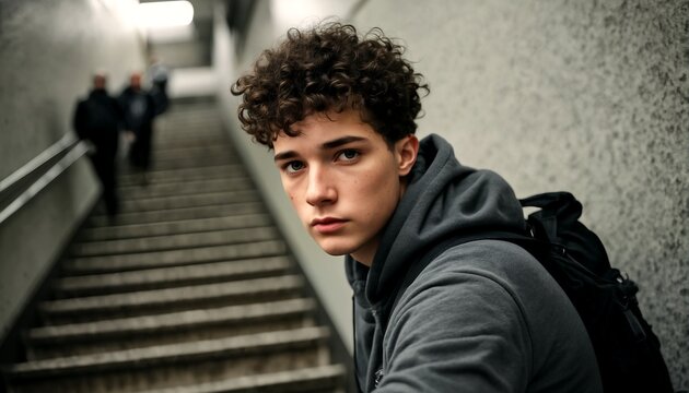 the man with the curly hair standing on the stairs.