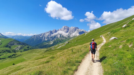 Fototapeta premium Hiker on a trail enjoying stunning alpine mountain views under a clear sky