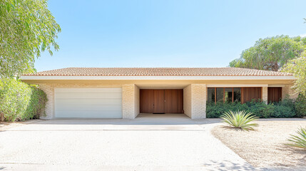 Fototapeta premium Contemporary mid-century modern home with garage and lush landscape