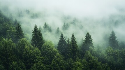 Fototapeta premium A foggy forest with towering trees stretches into the distance, evoking serenity and hidden adventures.