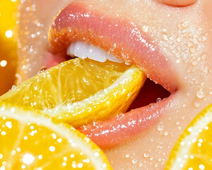 Woman biting lemon, close-up, water droplets, citrus