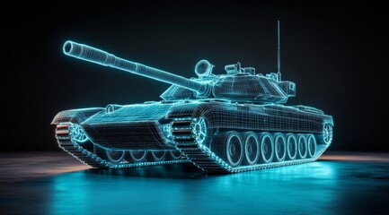 3D Hologram Projection of Army Tank from High-Tech Device with Blue Neon Lines