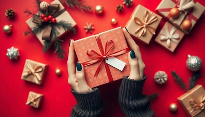 Hands Presenting Festive Gift Box on Red Background