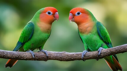 Fototapeta premium Lovebird Pair, Tropical Perched Birds, Vibrant Plumage, Face to Face Connection, Nature s Beauty