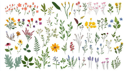 Collection of colorful hand-drawn spring flowers and leaves illustration