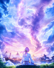 Obraz premium Woman contemplates serene coastal sunset, fantasy city