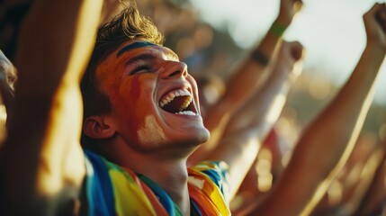 A vibrant festival-goer, face painted and joyful, celebrates under the bright sun, embodying freedom and exuberance.