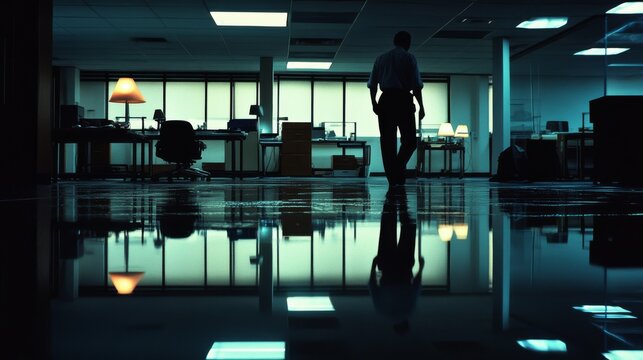 A silhouette of a person walks through a dimly lit, expansive office space, their reflection mirroring on the polished floor, evoking solitude and contemplation.
