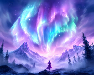 Woman gazing at majestic aurora borealis over snowy mountains; fantasy art