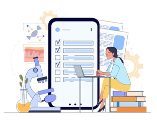 Female scientist working on laptop beside large smartphone displaying research checklist. Microscope, books, scientific diagrams. Concept of digital research, scientific analysis. Vector illustration