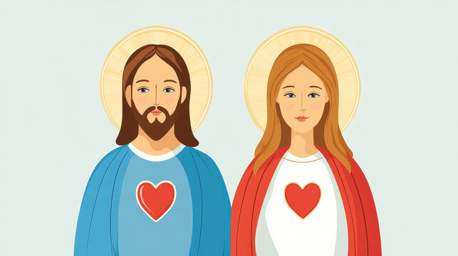 Illustration of sacred hearts depicted on religious figures Jesus and Maria with radiant halos