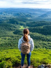 Naklejka premium Woman hiker mountaintop view, green valley panorama, travel adventure