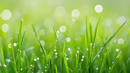 Fototapeta premium Dew-covered morning grass background with close-up textures, soft lighting, and fresh natural details.