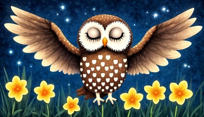 Fototapeta premium Cute Owl on Daffodils.