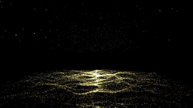 Gold yellow particles fly in slow motion in the air black background 