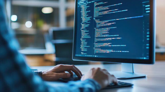 Developer Using Code Editor Programming Software Application at Modern Workspace