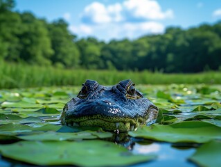 Fototapeta premium Photograph of an alligator partially submerged in a swamp, surrounded by lily pads, with intense eyes watching above the waterline