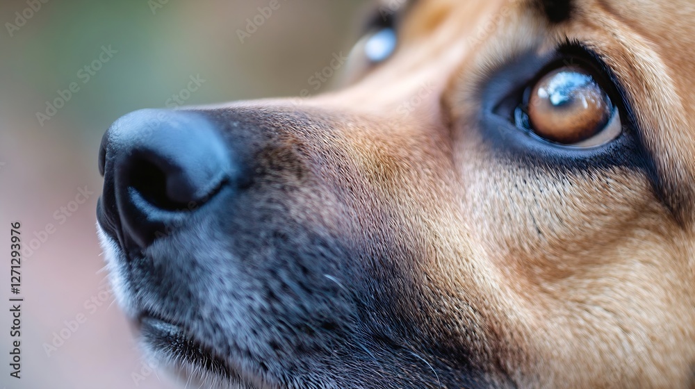 Poster closeup of a dog's expressive face showcasing its beautiful eyes and snout in a natural setting : ge